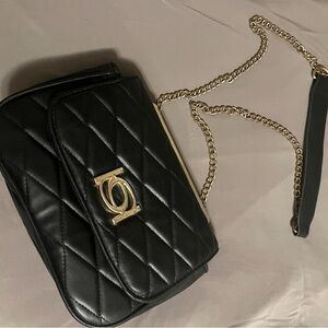 bebe los signature black quilted crossbody\shoulder bag with gold chain